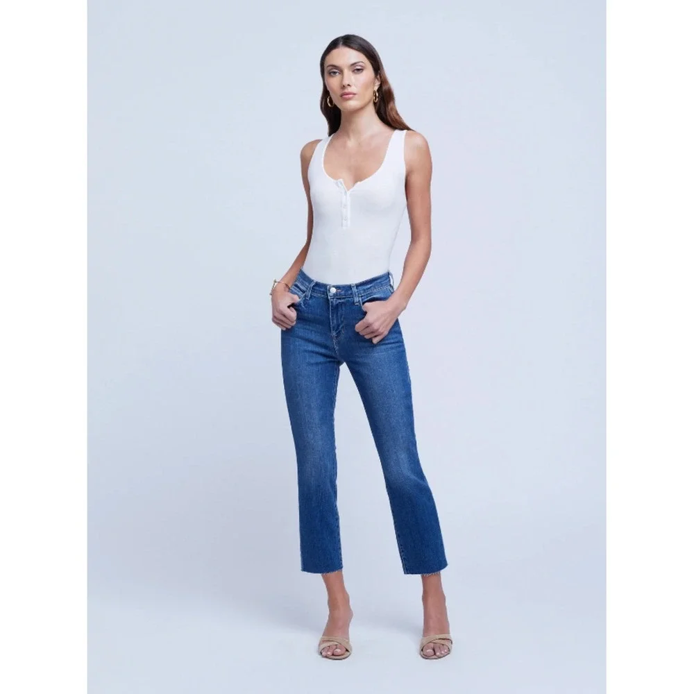 L'AGENCE Sada Cropped Slim Straight Jeans in Toledo Blue 24 French Girl Off Duty